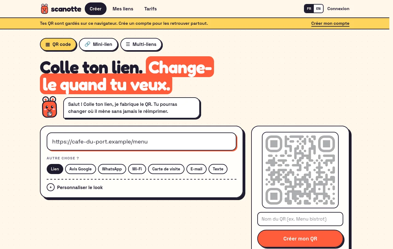 QR code du menu d'un café créé dans Scanotte