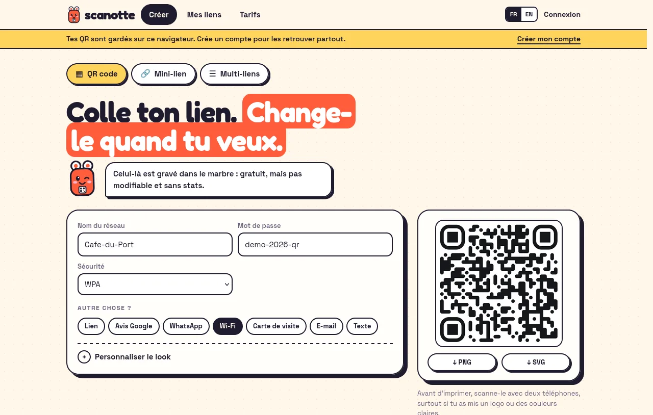 Générateur de QR code Wi-Fi Scanotte avec nom du réseau, mot de passe et sécurité WPA